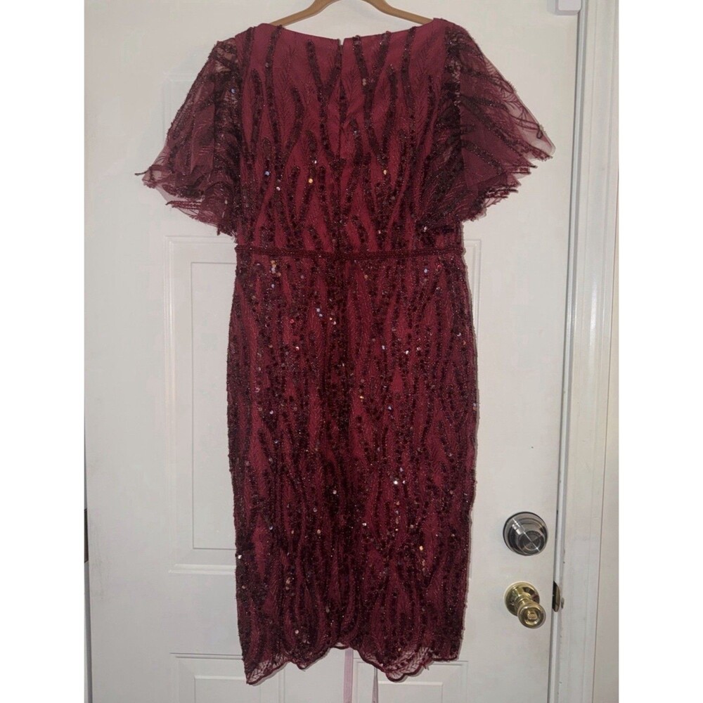 Mac Duggal Red Sequin Cocktail Midi Dress. Size 10 Fringe Sleeves V-Neck. NWT - Picture 10 of 14
